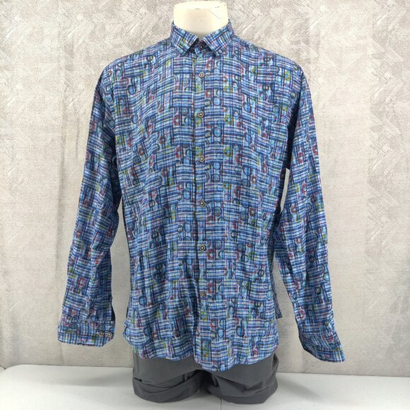 Visconti Black Shirt Mens XL Blue Plaid Abstract Pattern Button Up Long Sleeve - Picture 1 of 16